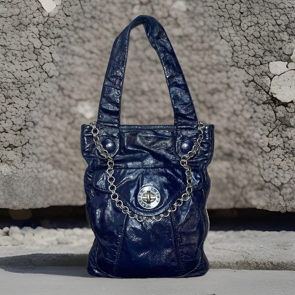 Marc Jacobs Totally Turnlock Navy Crinkle Leather Flat Tote Shoulder Bag